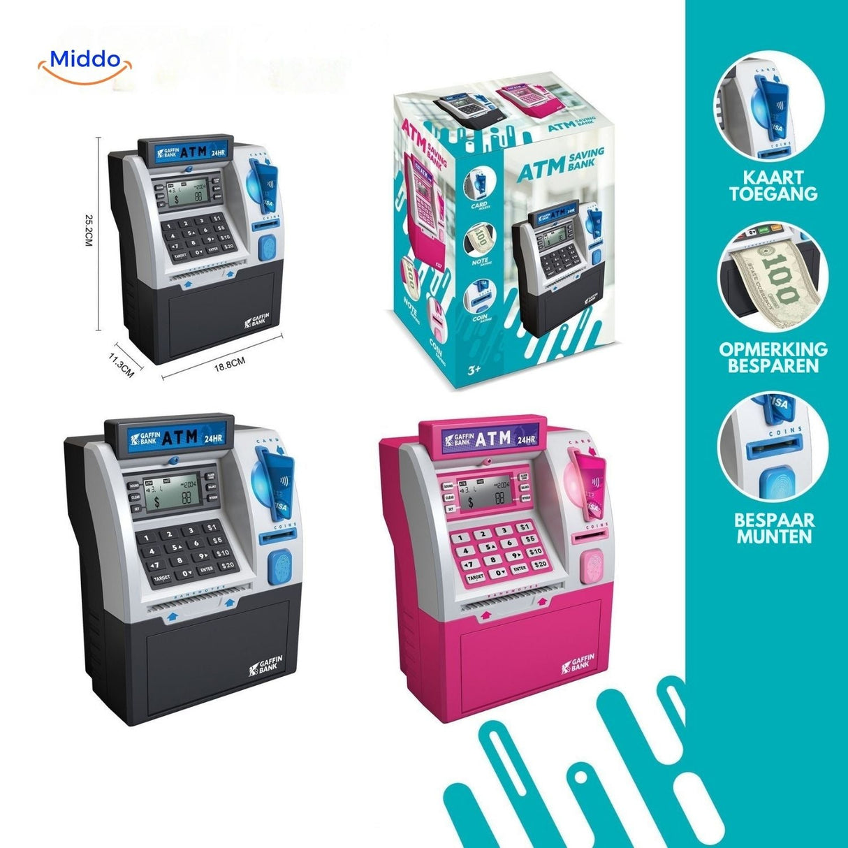 tirelire ATM avec fente pour billets et carte bancaire, design distributeur automatique