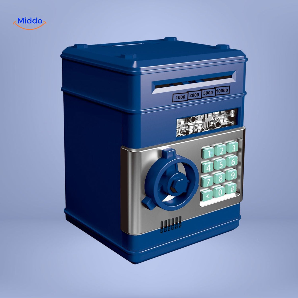 tirelire blanche et bleue style banque avec code PIN et fente pour monnaie