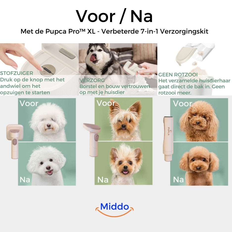 résultats avant et après toilettage d'un chien avec le kit aspirateur anti-poils