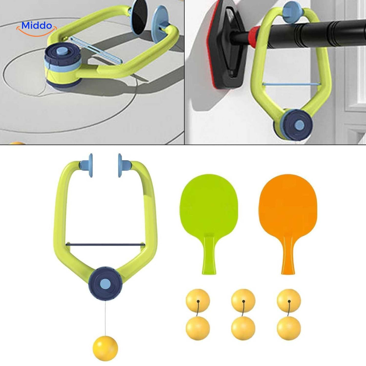 trainer ping-pong posé sur étagère avec deux raquettes, vue d'ensemble du produit