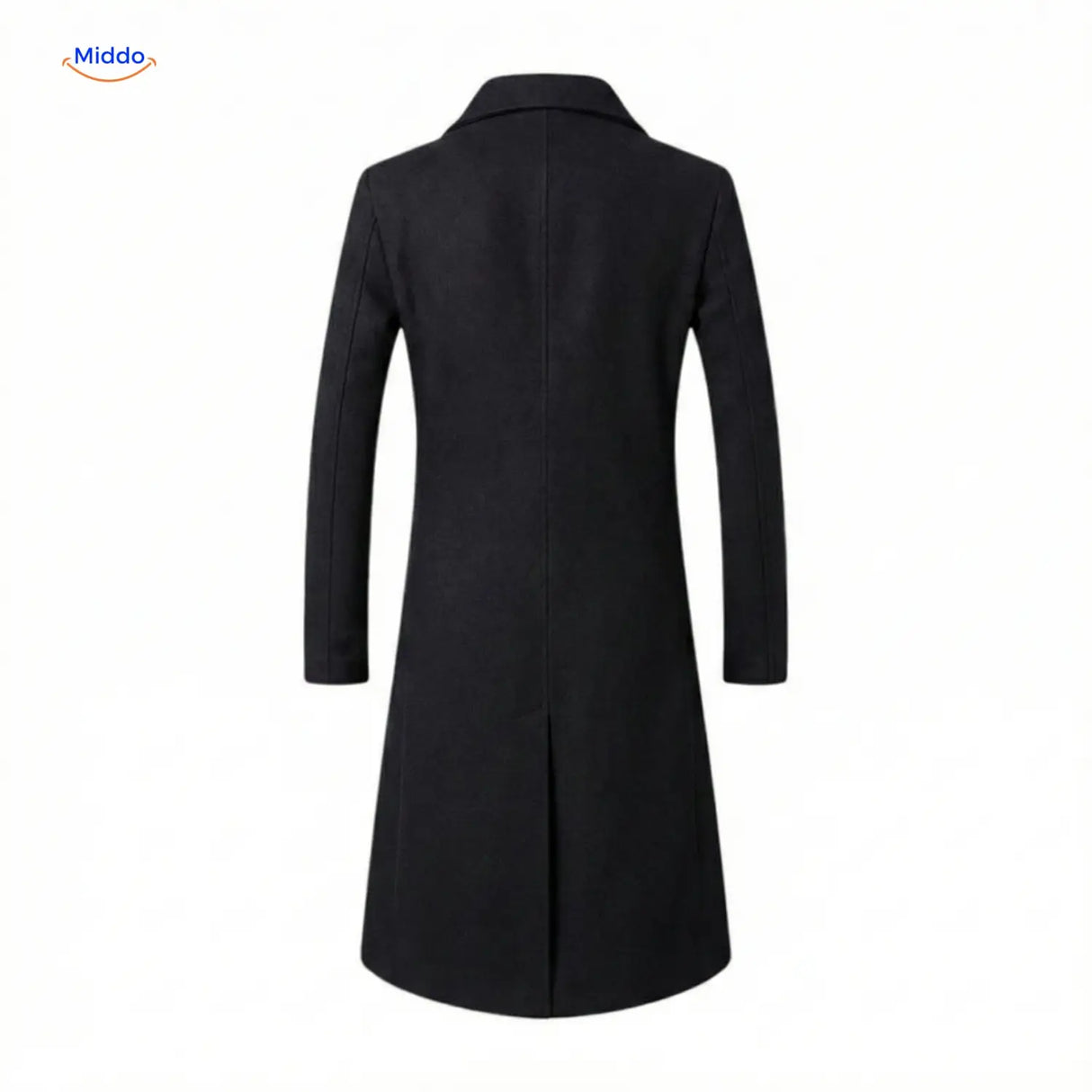 vue arrière du trench en laine noir pour homme, silhouette longue et coupe structurée