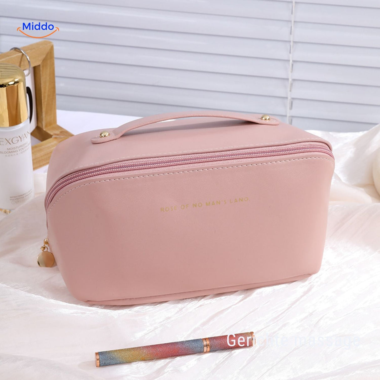 trousse de maquillage rose doux imperméable, compacte et multifonctions pour le quotidien