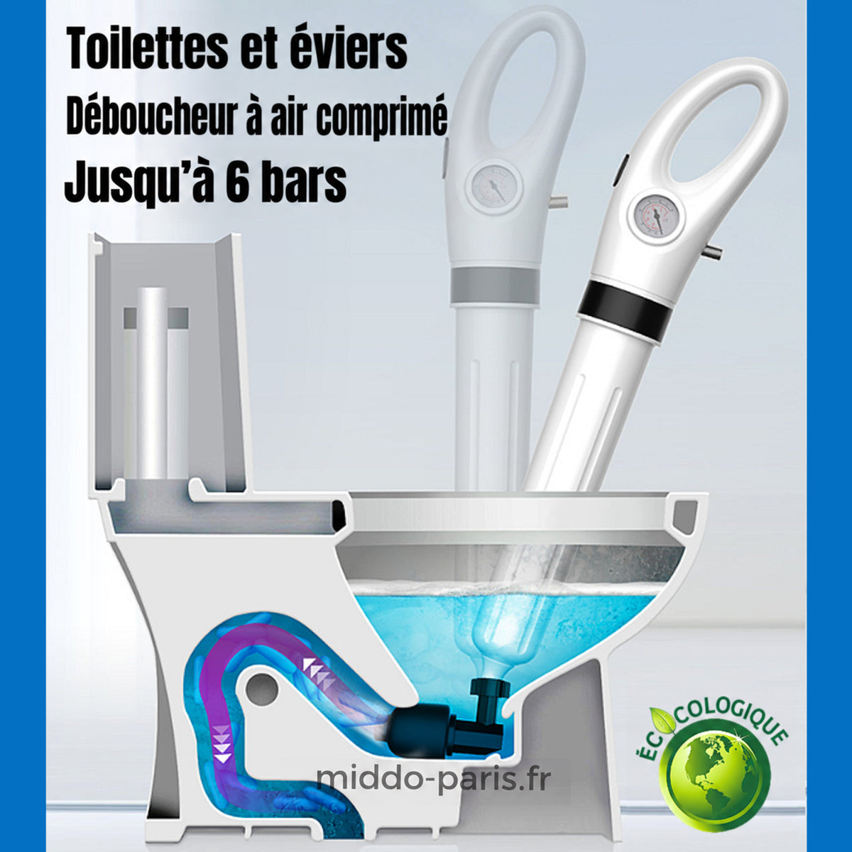 Déboucheur à air comprimé Turbo pour toilettes et éviers, jusqu’à 6 bars.