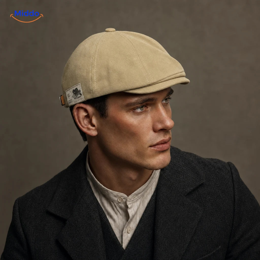 Casquette plate Urban Heritage beige portée par un homme
