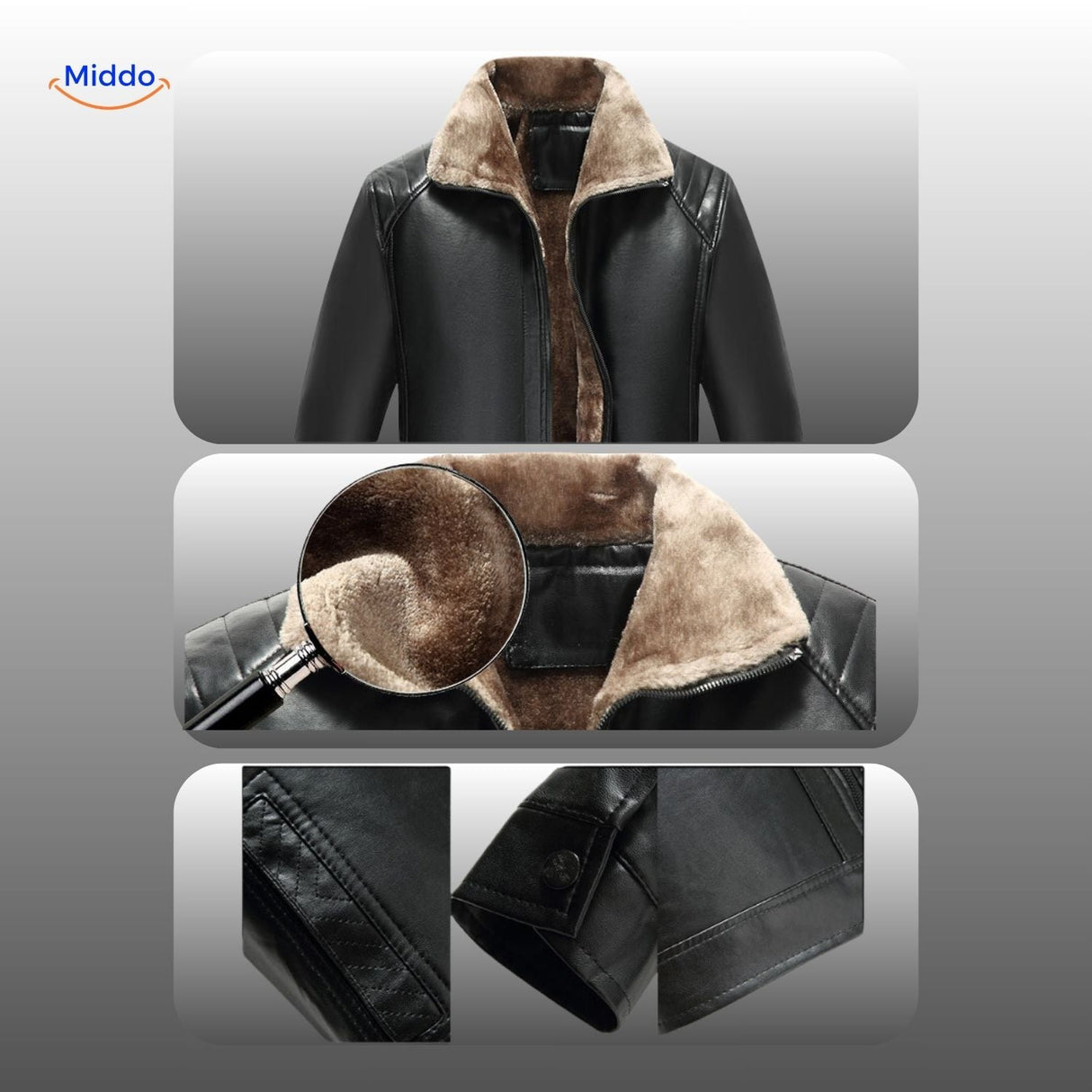 détail du col en fourrure et du design en cuir de la veste, texture et qualité des matières