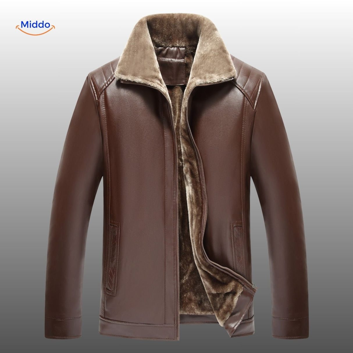 veste en cuir marron avec col en fourrure, vue de face, coloris chaud et style urbain élégant