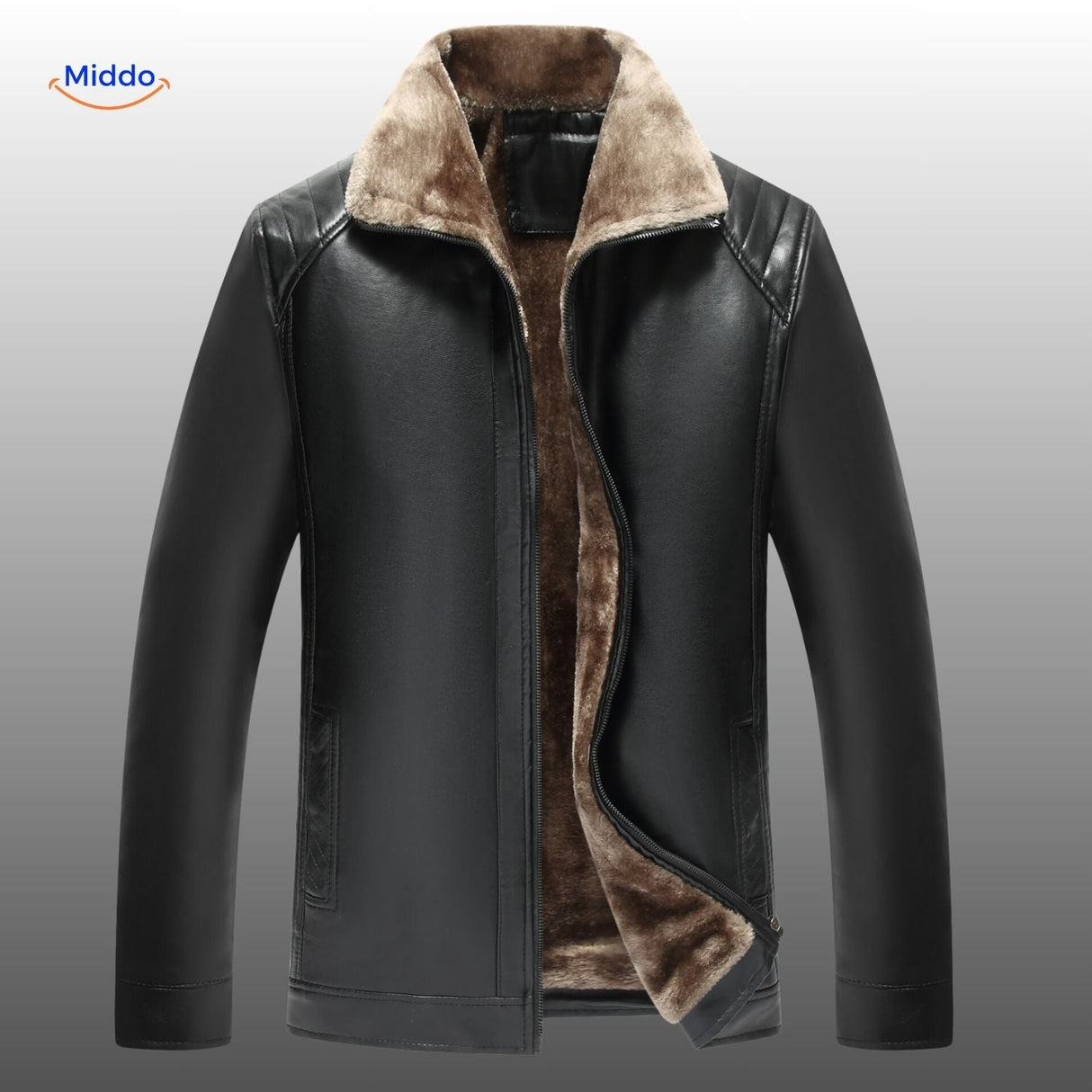 veste en cuir noir avec col en fourrure, vue de face, finitions soignées et design intemporel