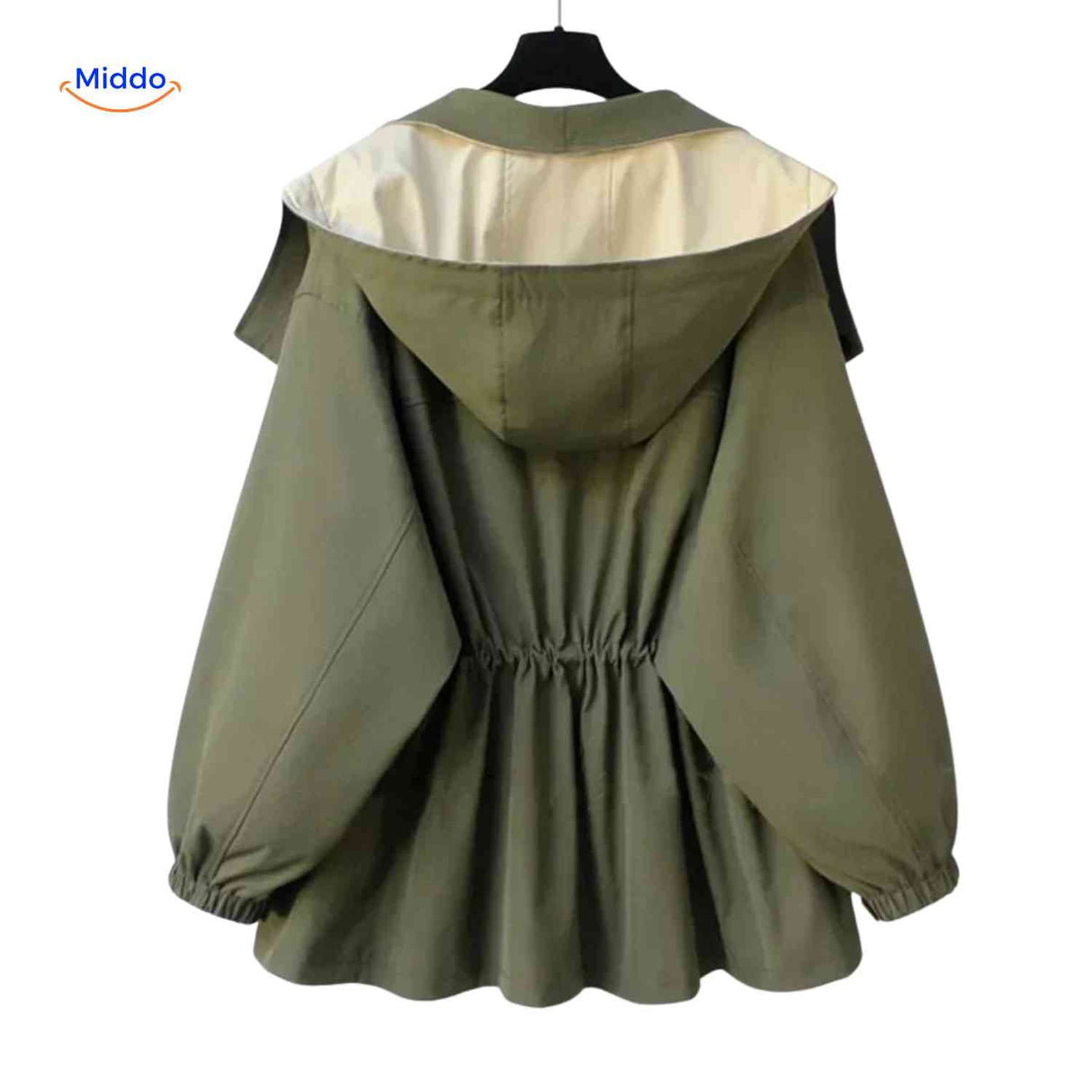 veste déperlante verte avec capuche et jeu de lumière, oversize femme