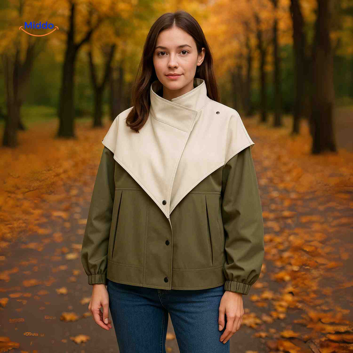 veste déperlante verte avec col crème, coupe oversize légère pour femme