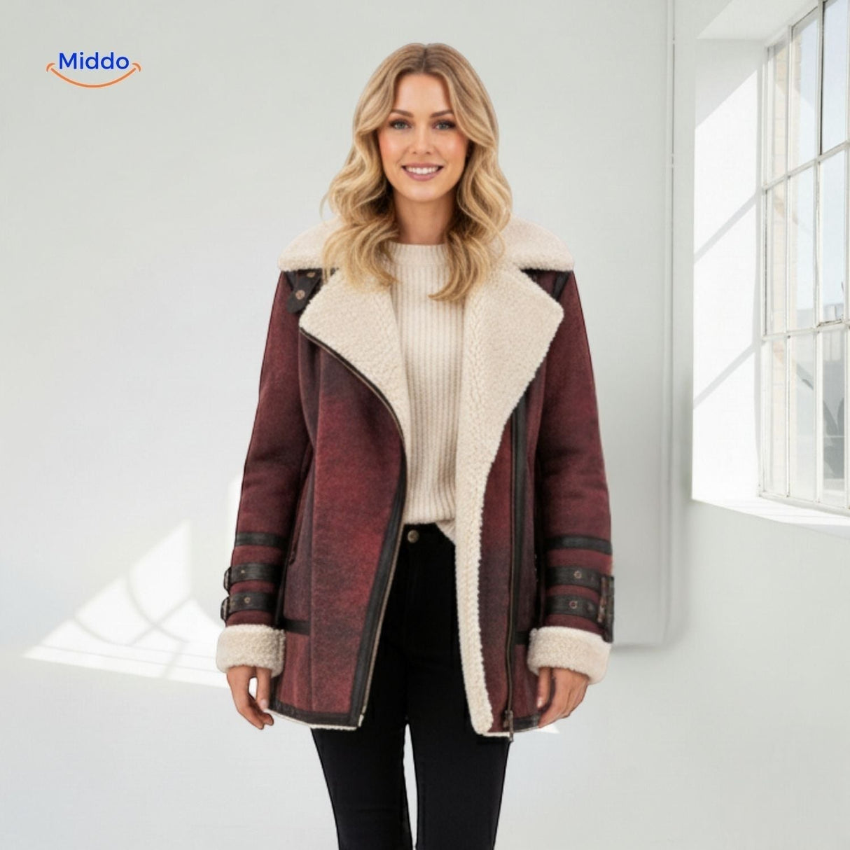 veste fausse fourrure bordeaux portée en tenue complète avec bottines, look automne-hiver