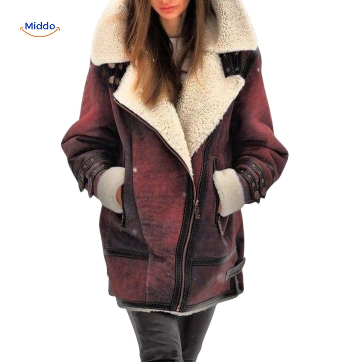 veste fausse fourrure longue femme coloris rouge, manteau chaud coupe-vent au look audacieux