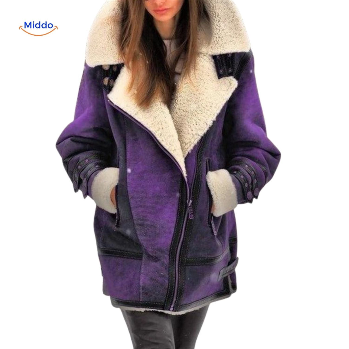 veste fausse fourrure longue femme coloris violet, manteau d'hiver chaud et design élégant