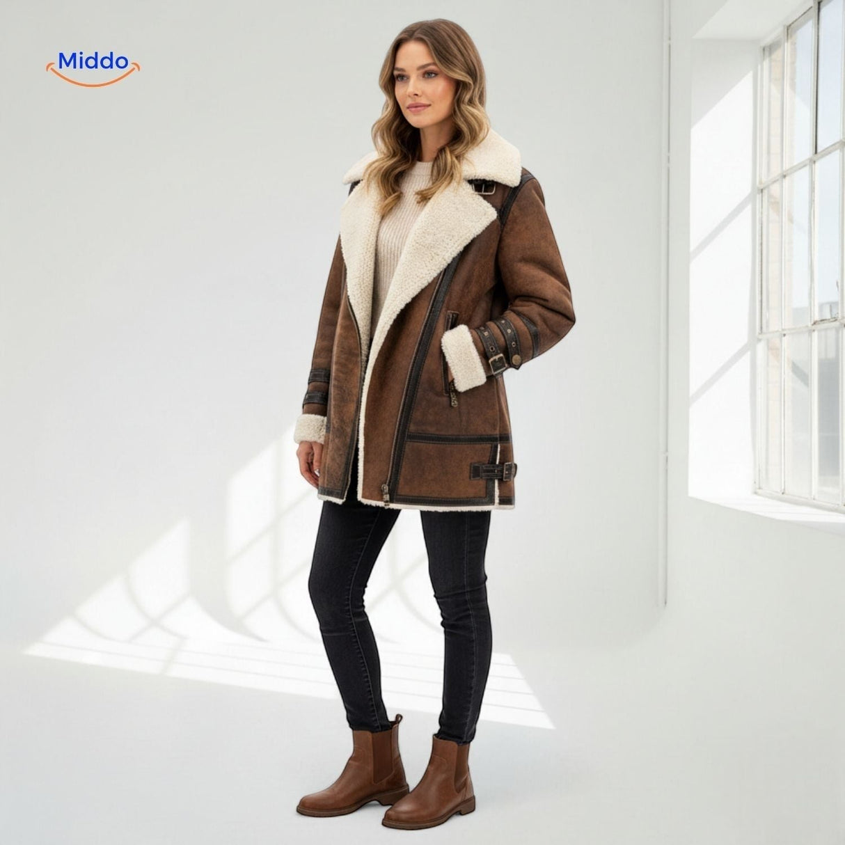 veste fausse fourrure en situation avec outfit complet et bottines, style élégant coupe-vent