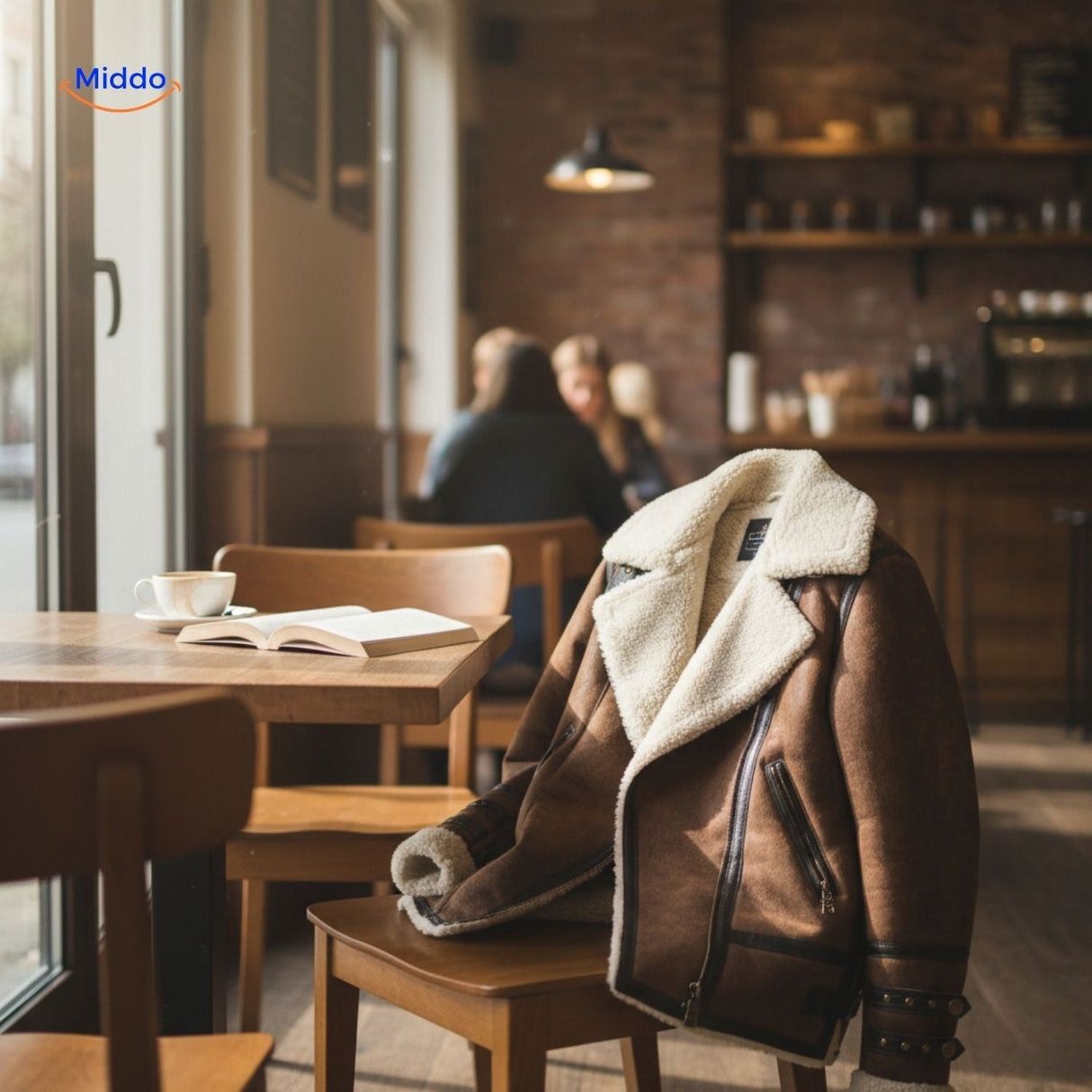 veste fausse fourrure posée sur une chaise dans un café chaleureux, ambiance cosy et stylée