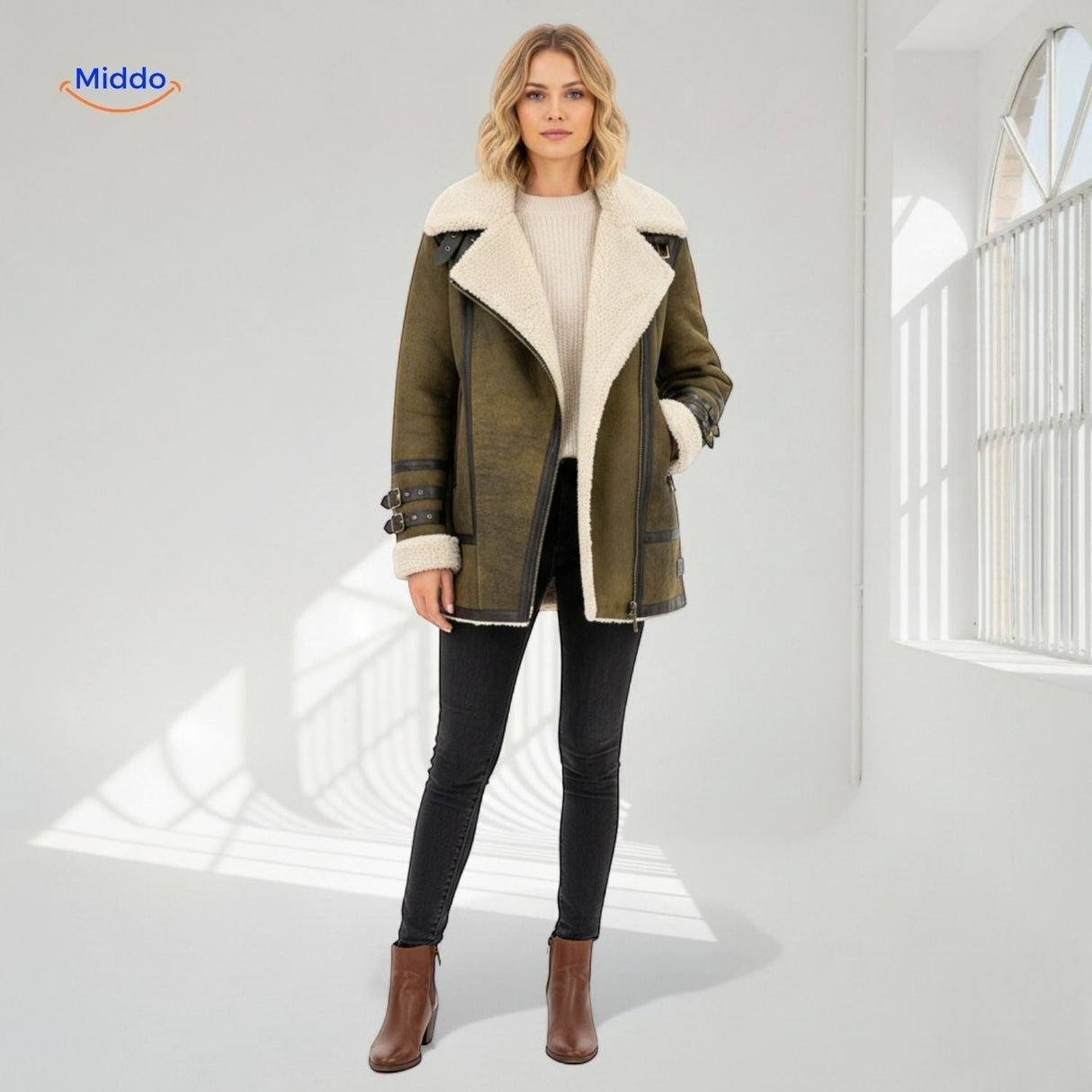 veste fausse fourrure vert olive avec zip latéral, coupe-vent chaud en coloris tendance