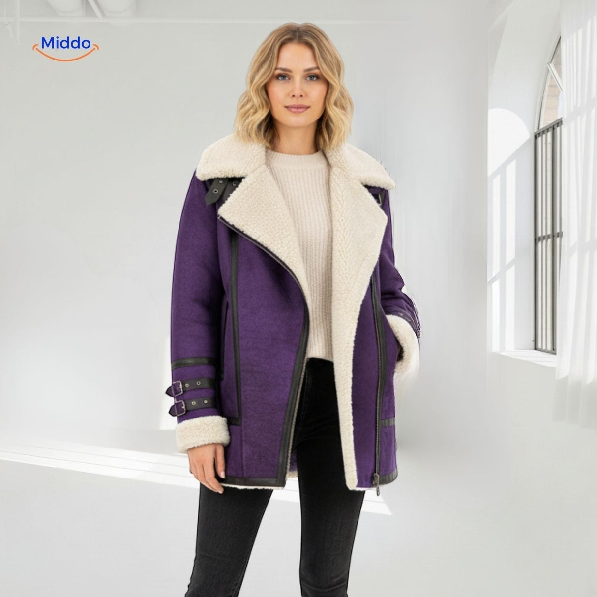 gros plan sur la veste fausse fourrure violet, texture chaude et moelleuse pour l'hiver