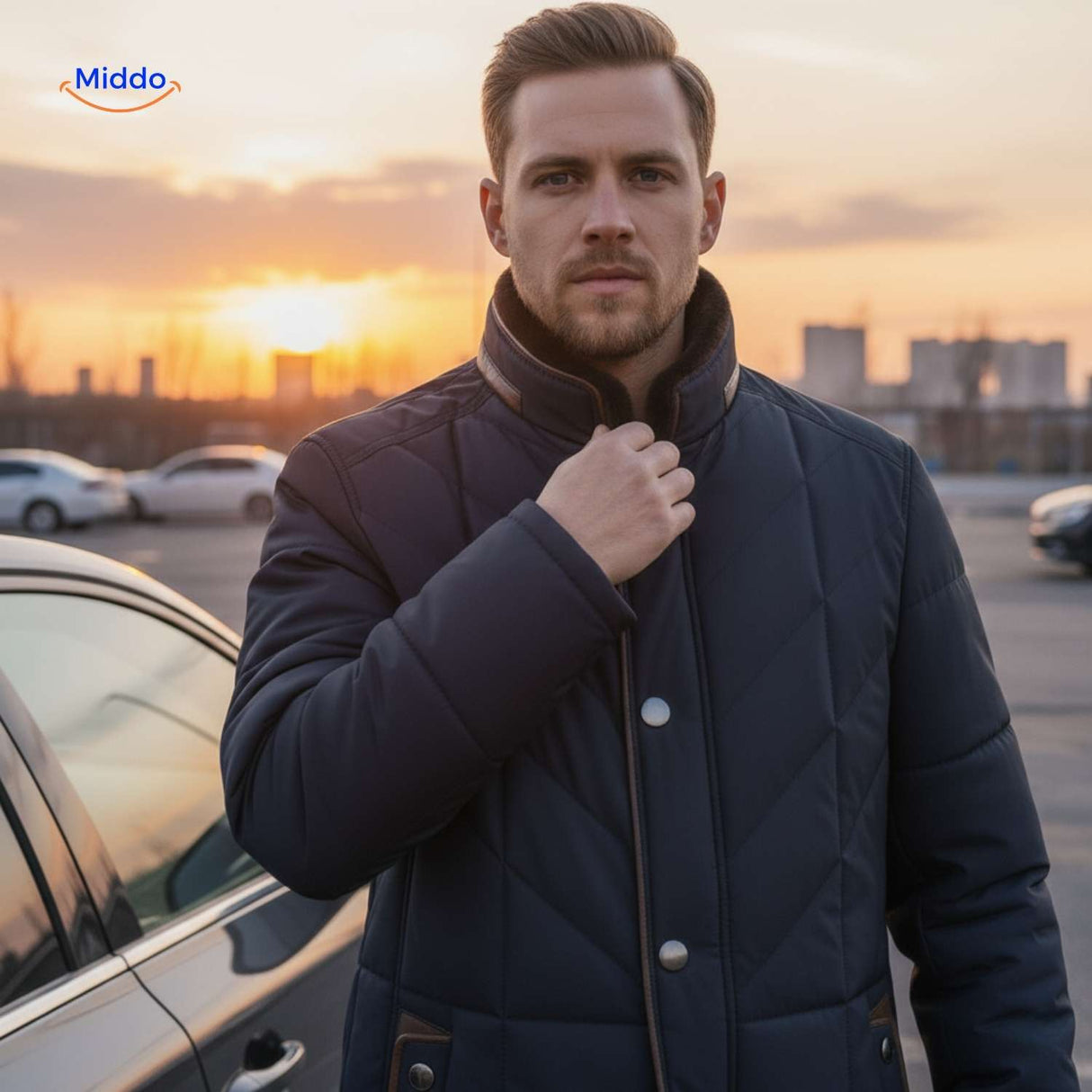 homme portant une veste matelassée col montant au coucher de soleil