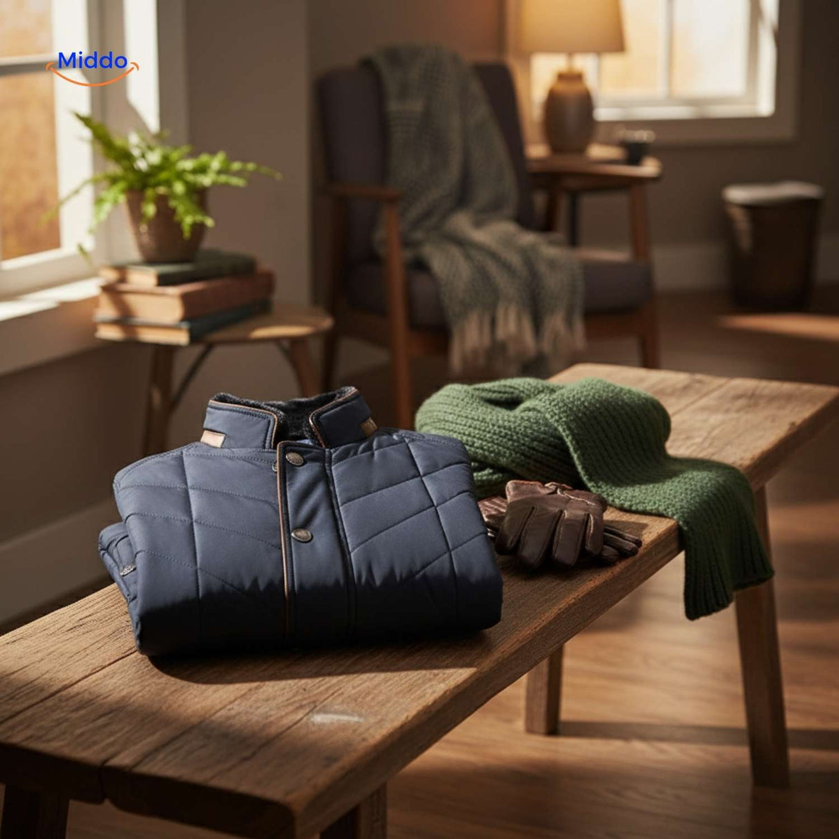 veste matelassée pliée sur table accompagnée d'une écharpe et de gants assortis