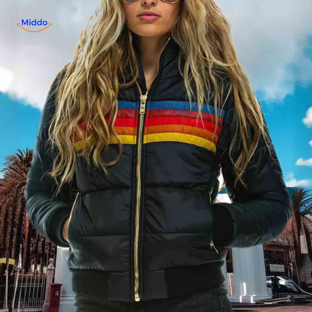veste noire rétro pour femme avec blocs de couleurs contrastés, look moderne