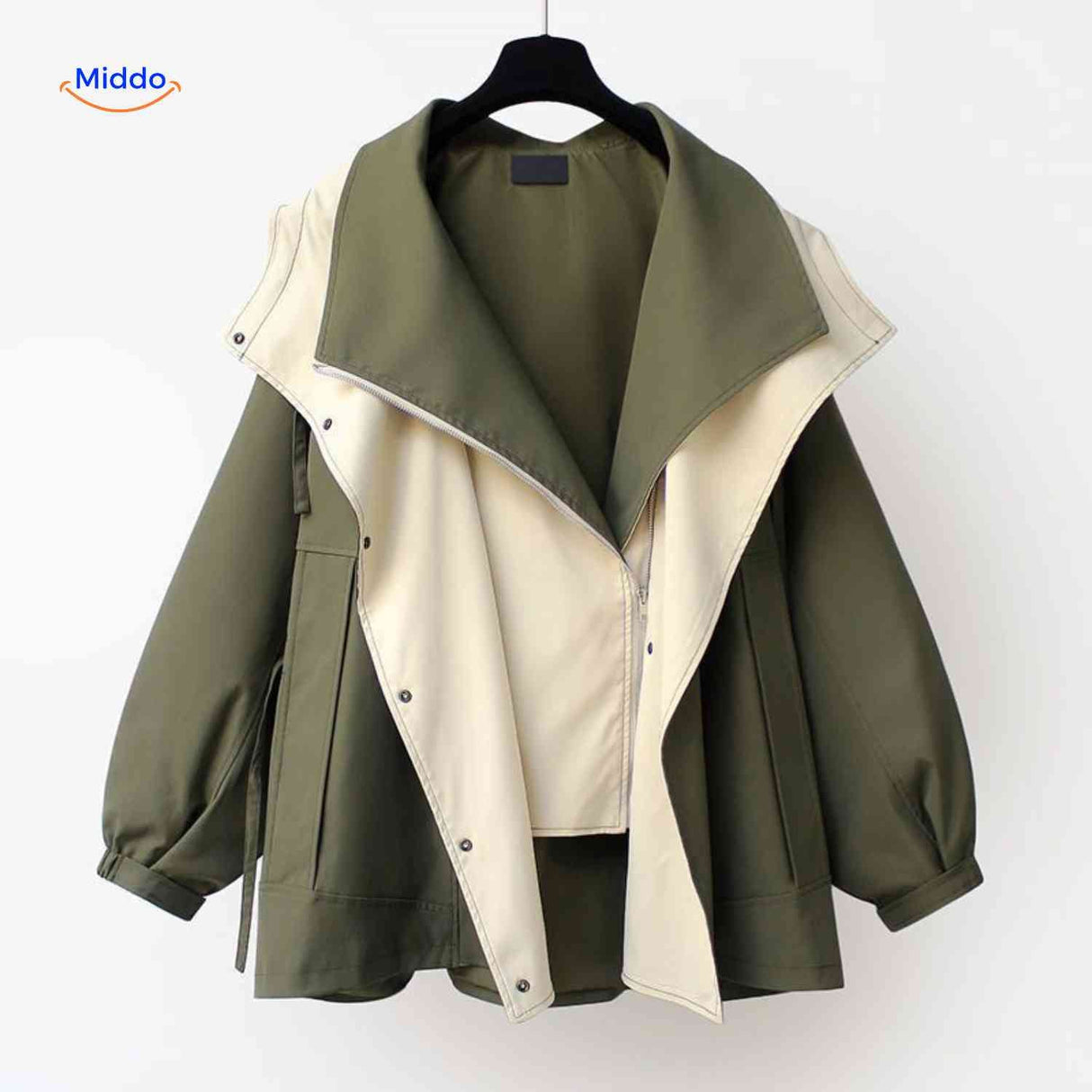 veste oversize verte avec détail crème, coupe élégante femme déperlante