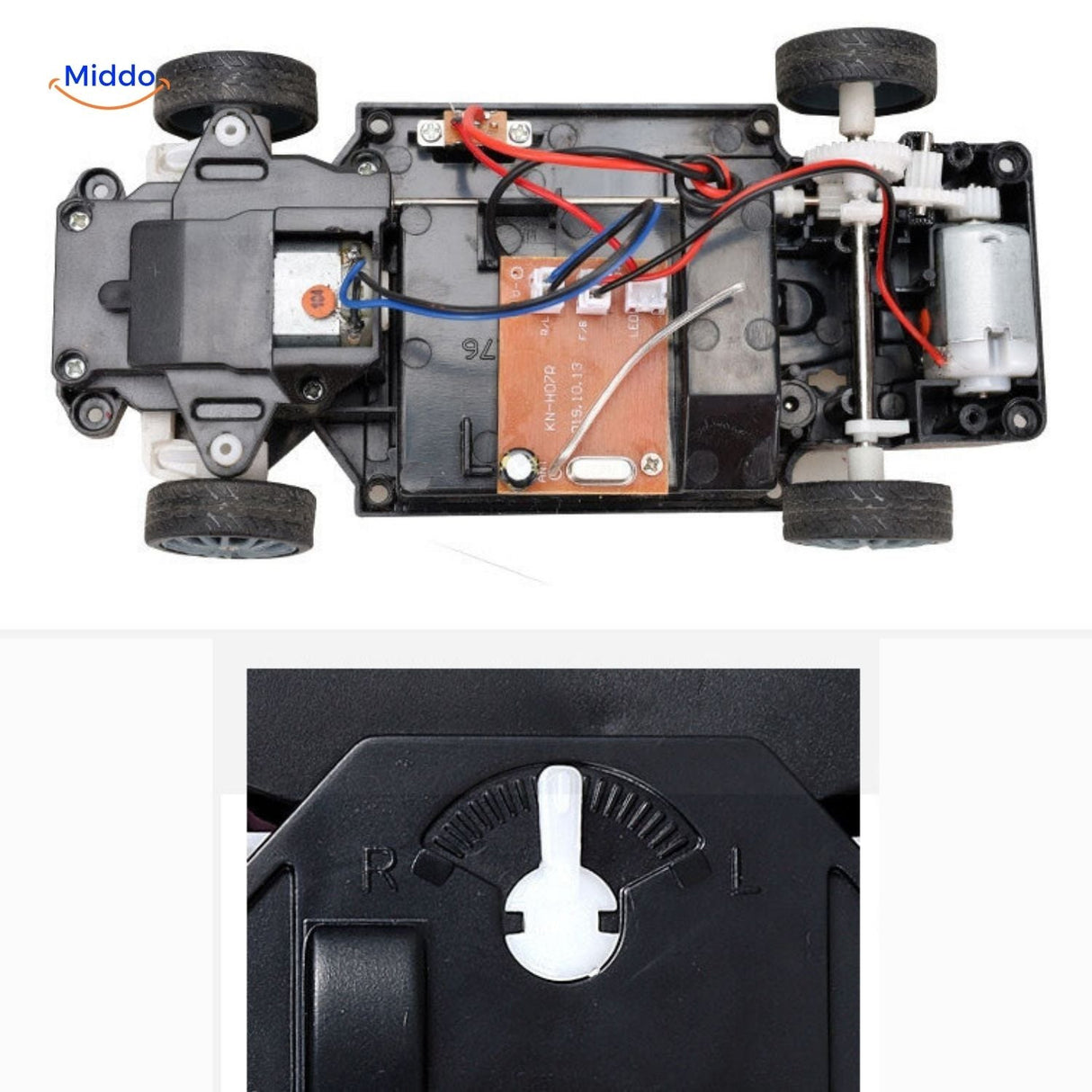gros plan sur le système intérieur de la voiture RC drift 4WD, châssis et mécanique