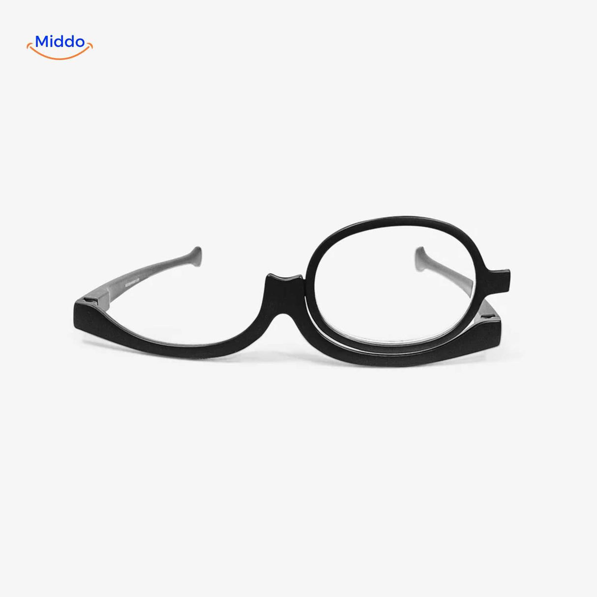 vue de face des lunettes maquillage noires à lentille unique pivotante, gros plan