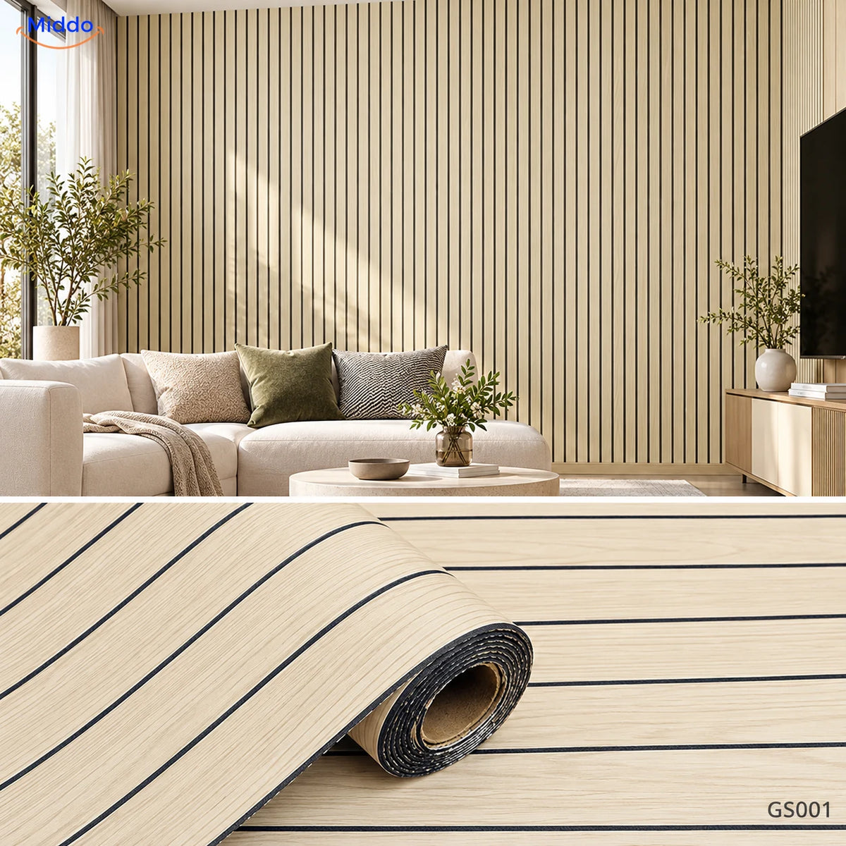 Panneaux muraux autocollants en PVC Woodline – Beige clair – GS001