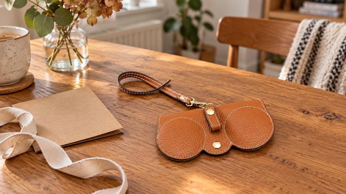 Étui à lunettes CompactVision brun cognac près de papier cadeau sur une table en bois