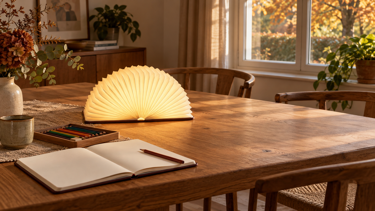 Carnet, crayons et lampe-livre LumiFold ouverte sur une table à manger partiellement dégagée