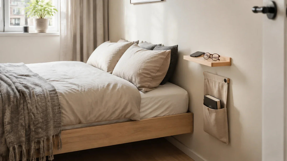 Petite chambre avec une étagère murale et un organiseur suspendu près du lit
