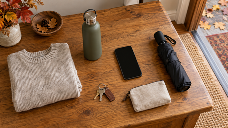 Pull, bouteille, téléphone, clés, parapluie et petite pochette disposés sur une table avant une sortie