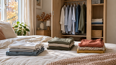 Des vêtements unis triés sur un lit devant une armoire ouverte