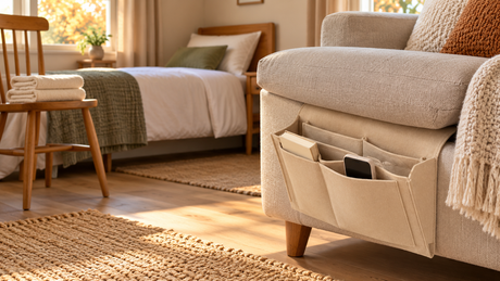 Couchage préparé, serviettes et rangement BedCaddy beige suspendu à un canapé