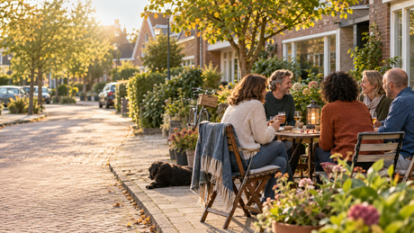 Des voisins discutent autour d’une table dans une rue arborée en automne