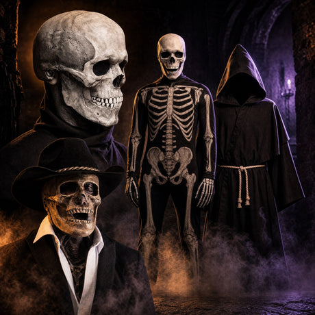 Collection Halloween : masque crâne réaliste, combinaison squelette, robe à capuche et masque latex horreur