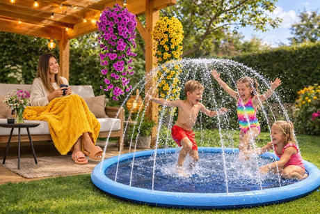 Enfants jouant dans le jardin avec un tapis à jets d’eau