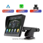 Carplay met drie plaatjes erboven van Android  en 12 led camera en CarPlay teken op een witte achtergrond.