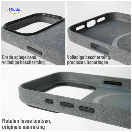 Coque iPhone AlcantaPro compatible MagSafe, gros plan, vue 16