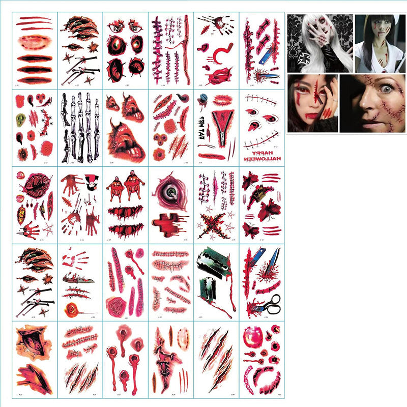 Diverse horror-tattoos met bloed en littekens voor Halloween.