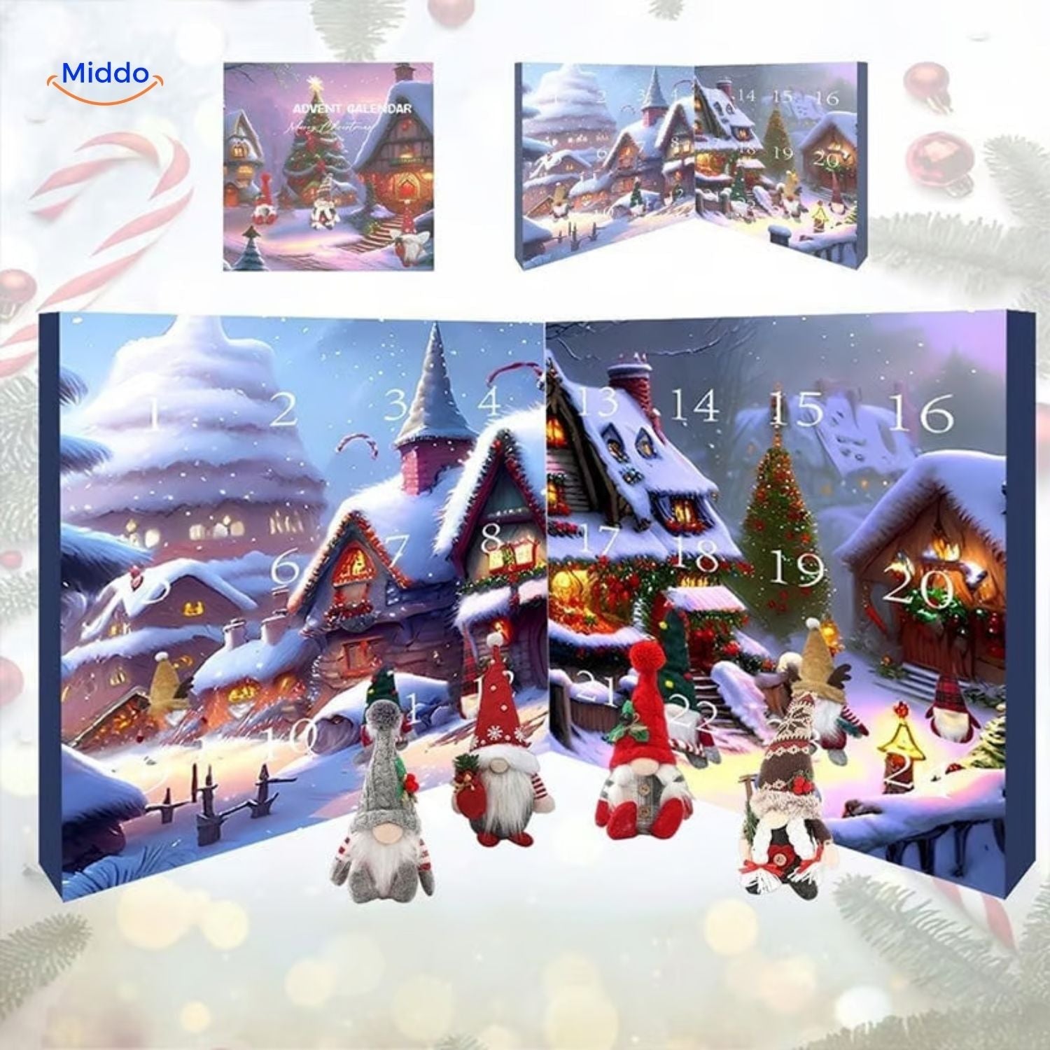 FestiveFrights Calendrier en peluche maison miniature et nains d'hiver calendrier de l'avent