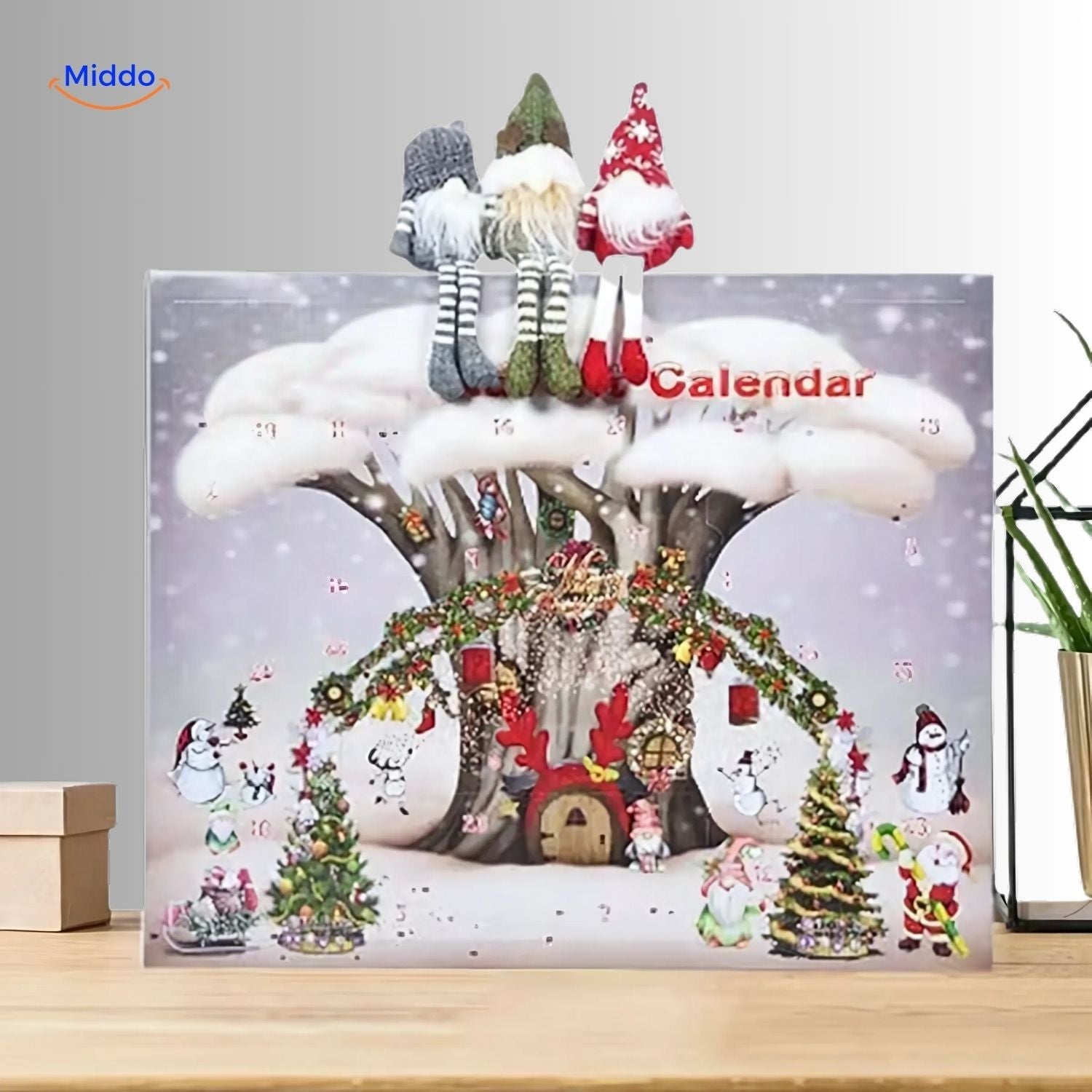 FestiveFrights Calendrier en peluche scène d'arbre calendrier de l'avent avec nains de Noël