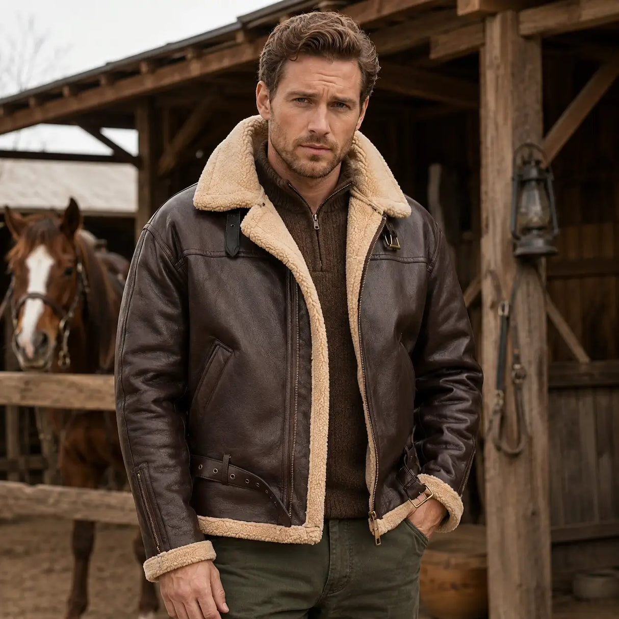 Furvello veste homme marron effet cuir avec doublure façon peau lainée vue avant