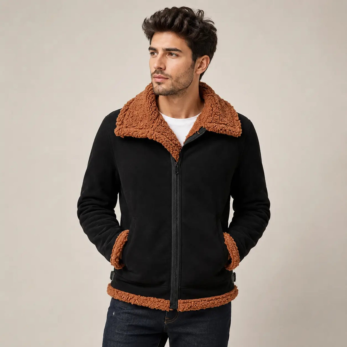 Homme portant la veste Furvexo marron doublée avec manches retroussées