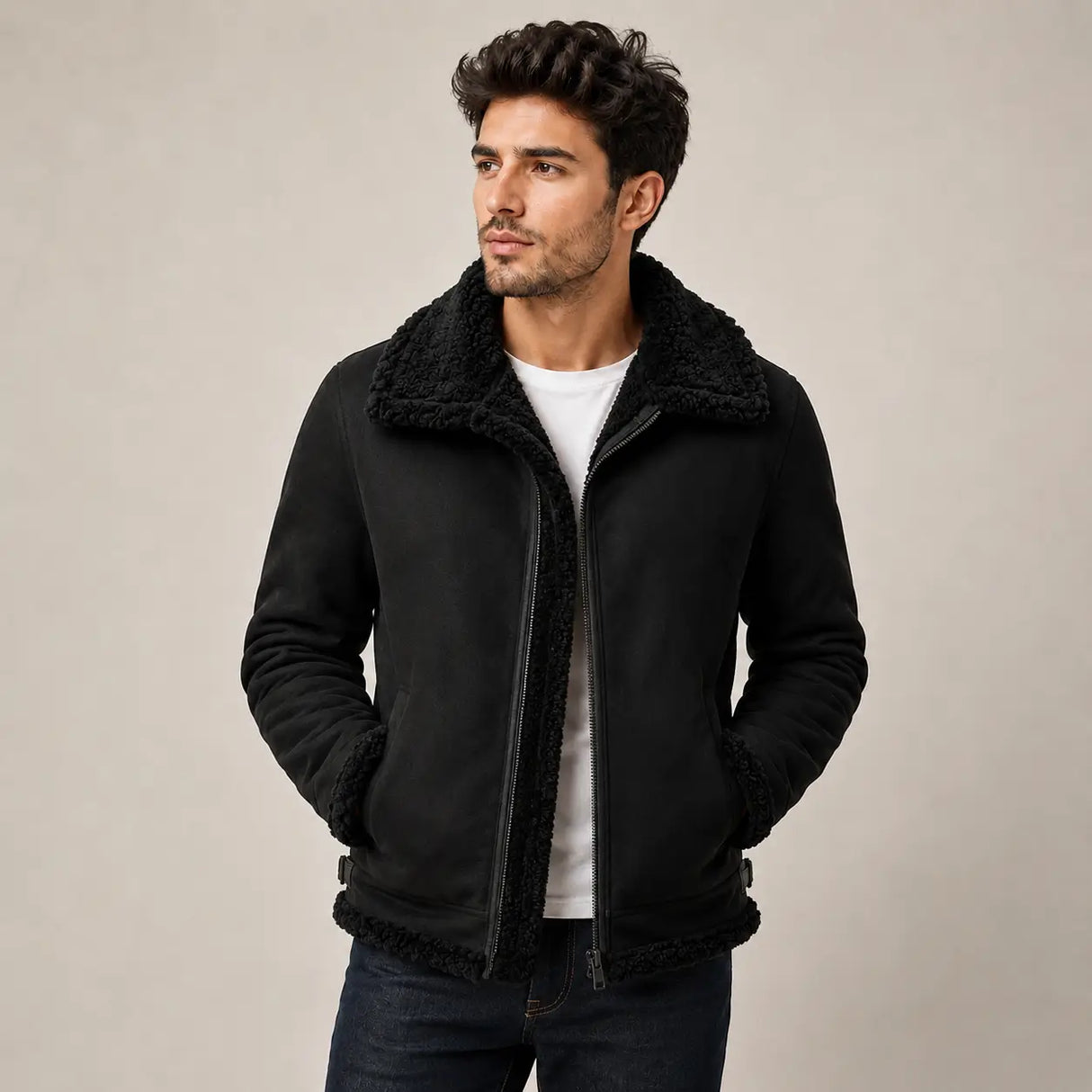 Homme portant la veste Furvexo noire doublée avec manches retroussées