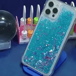 GlowSand Telefoonhoesje met blauw roze glitter vloeistof opstelling www.middo.nl