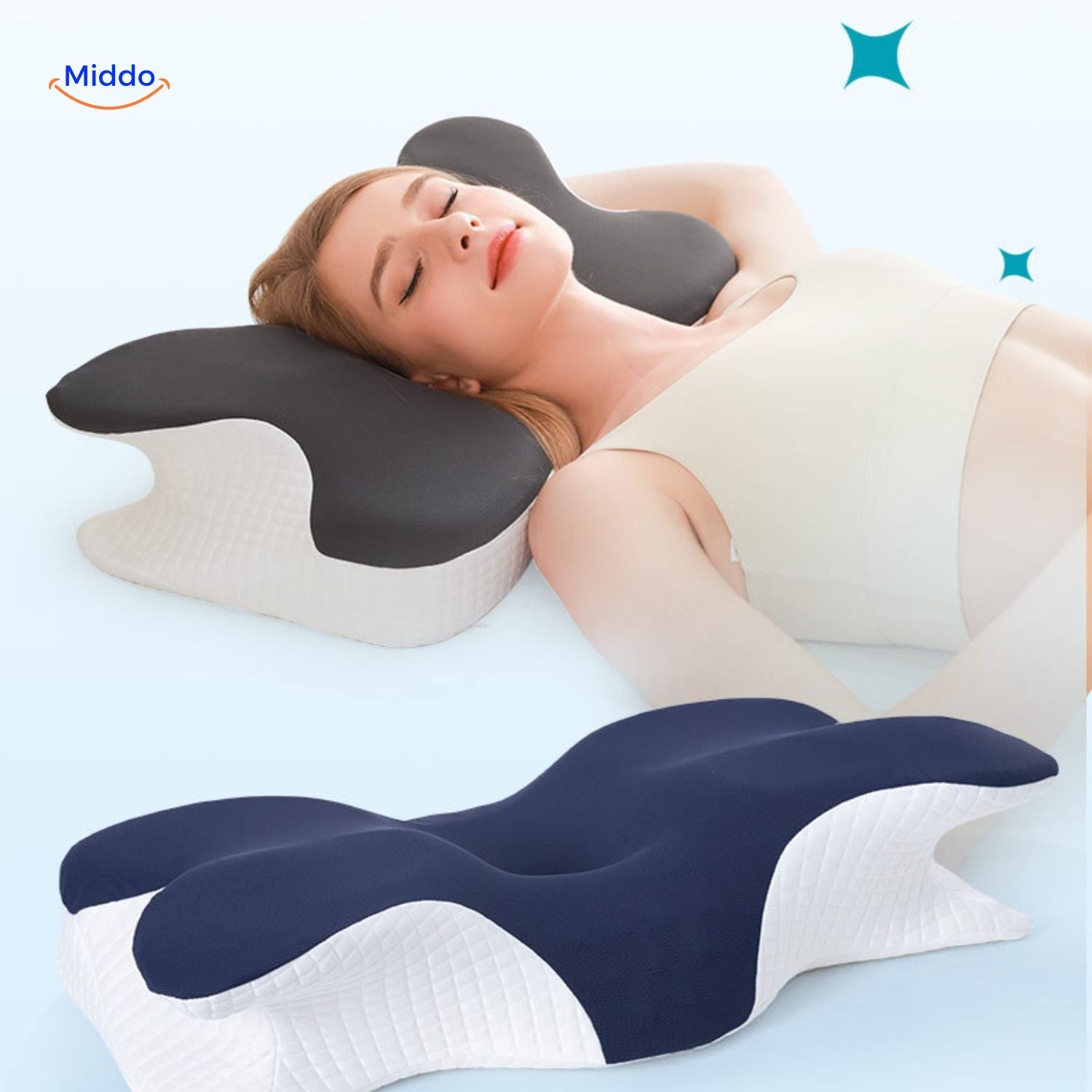 NeckRest Kussen met vrouw in liggende positie www.middo.nl