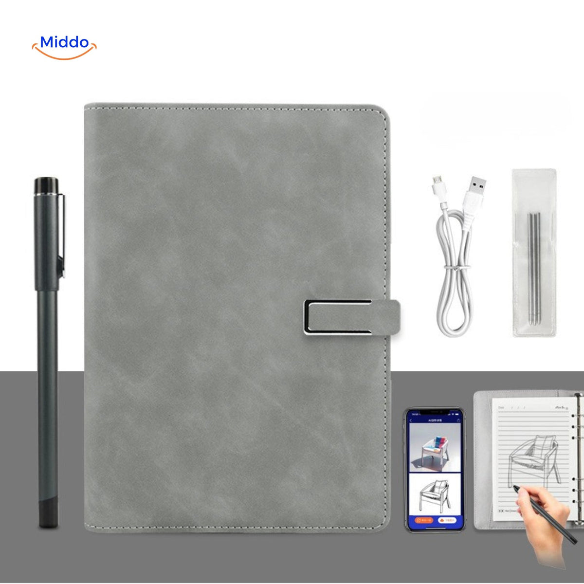 NoteSync Smart Pen grijs leer notitieboek usb pen www.middo.nl