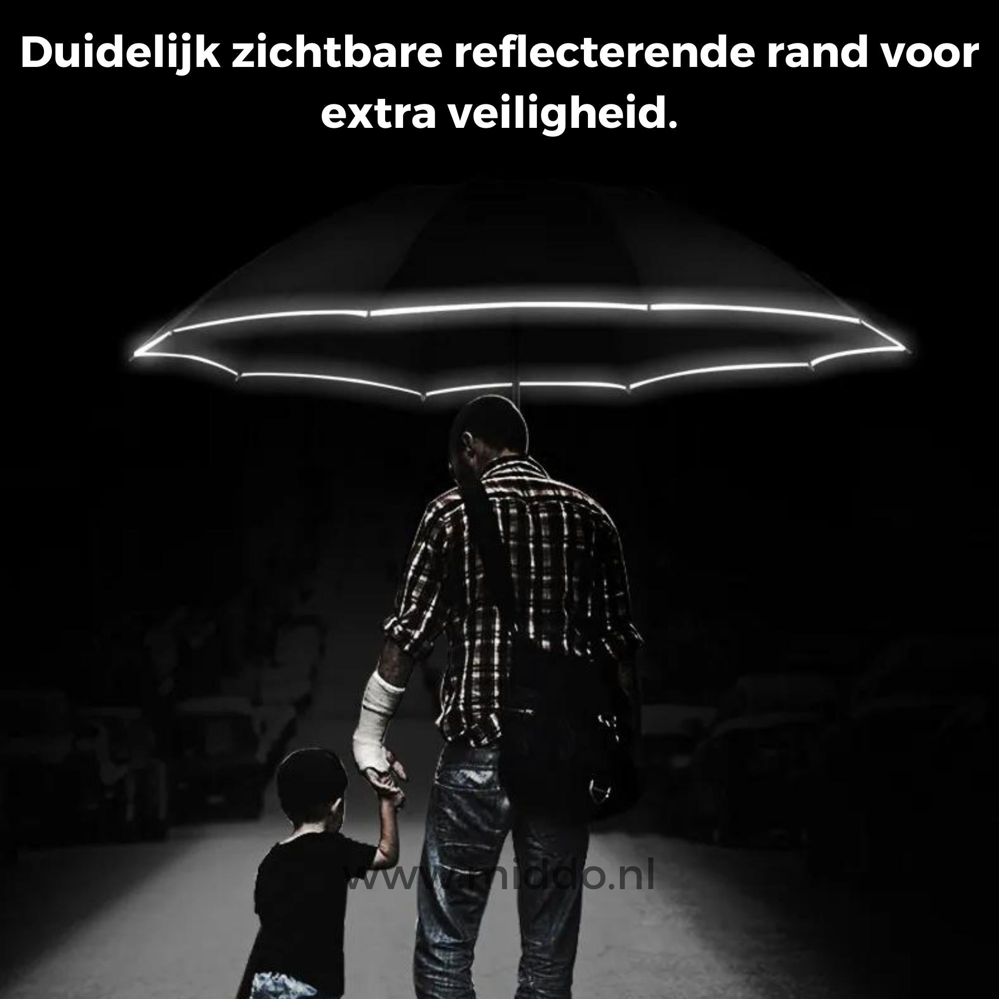 Man met kind onder een paraplu met reflecterende rand voor extra veiligheid
