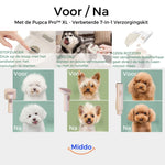 Voor en na foto's van honden, gebruik van huisdierverzorgingskit.