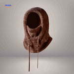 SnowShield Wintermuts donkerbruin fleece hood lange touwtjes sjaal bescherming www.middo.nl